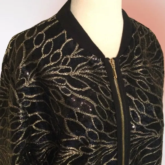 Juicy Couture Black Gold Sequin Zip Front Bomber Jacket Med