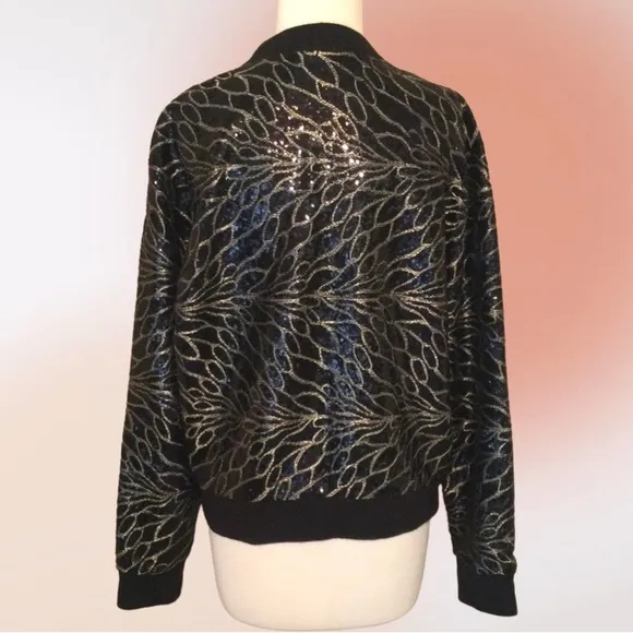 Juicy Couture Black Gold Sequin Zip Front Bomber Jacket Med