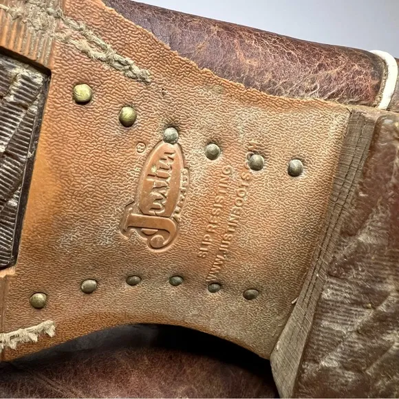 Justin boots brown leather cowboy pull on western men's 10 B