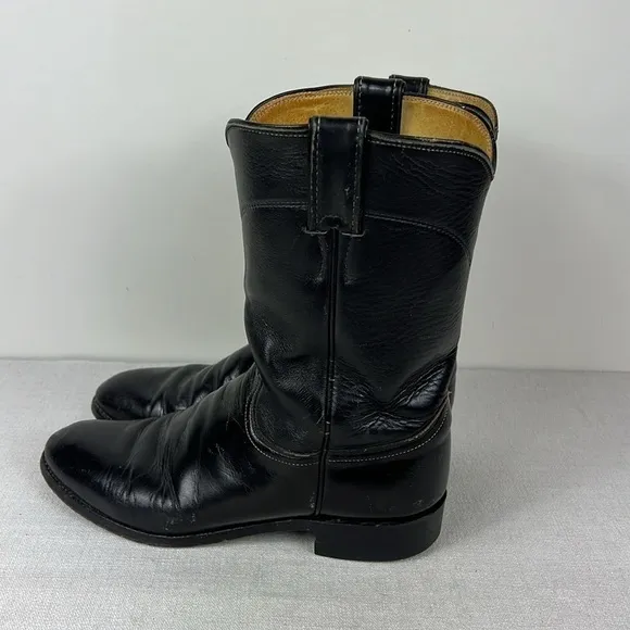 Justin Cowboy Boots 10&quot; Roper Mens Size 8 D Black Leather Comb Last Pull On