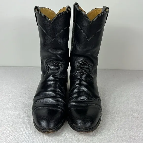 Justin Cowboy Boots 10&quot; Roper Mens Size 8 D Black Leather Comb Last Pull On