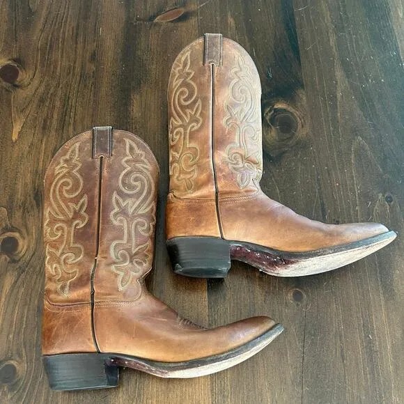 Justin Cowboy Western Leather Boots Light Brown Classic Vintage Men’s Size 10