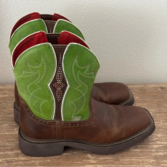 Justin Gore Leather Square Toe Cowboy Boots Size 8.5 B Mandra Green 8” L9650