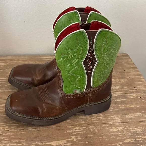 Justin Gore Leather Square Toe Cowboy Boots Size 8.5 B Mandra Green 8” L9650