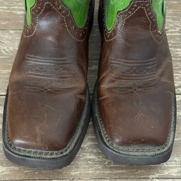 Justin Gore Leather Square Toe Cowboy Boots Size 8.5 B Mandra Green 8” L9650