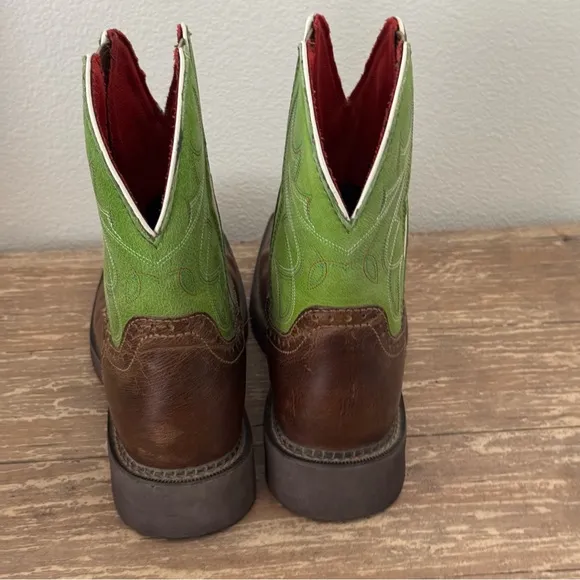 Justin Gore Leather Square Toe Cowboy Boots Size 8.5 B Mandra Green 8” L9650