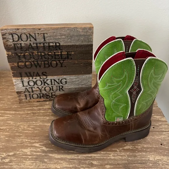 Justin Gore Leather Square Toe Cowboy Boots Size 8.5 B Mandra Green 8” L9650