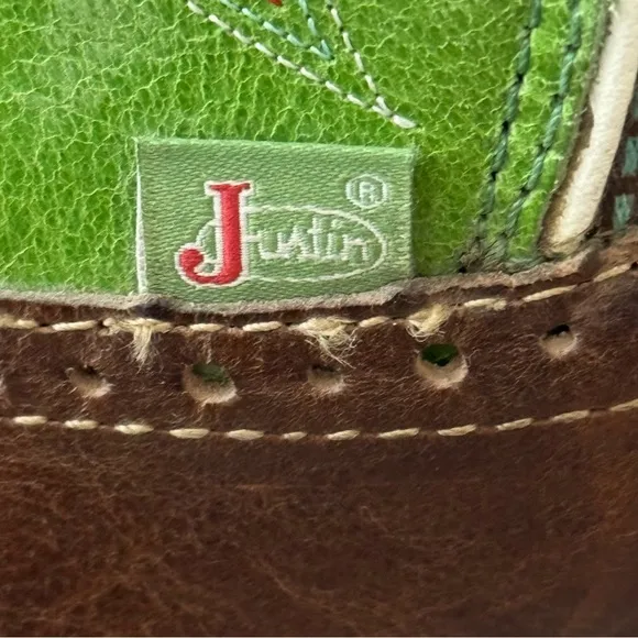 Justin Gore Leather Square Toe Cowboy Boots Size 8.5 B Mandra Green 8” L9650