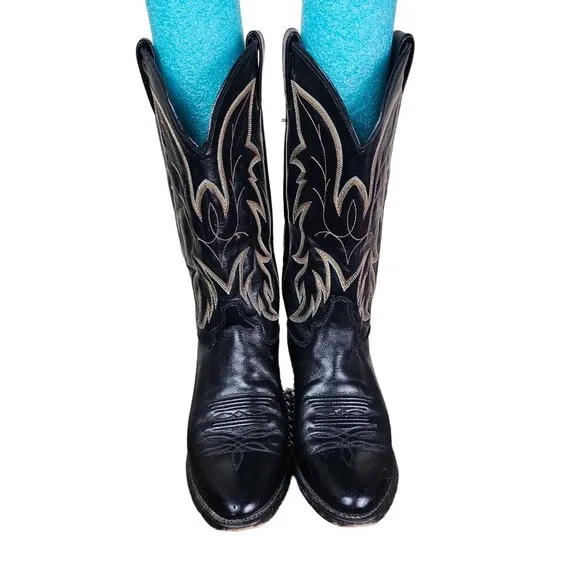 Justin Mens Black Leather Cowboy Boots Sz 9D Western Cowboy Ranch Style #1419