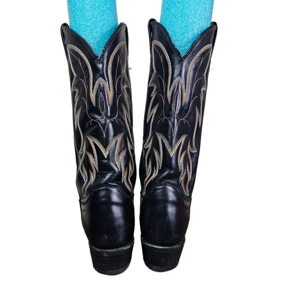 Justin Mens Black Leather Cowboy Boots Sz 9D Western Cowboy Ranch Style #1419