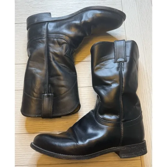 Justin Men's Black Leather Roper Style Cowboy Western Boots. Sz 7 D