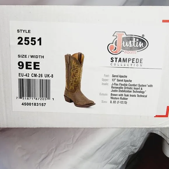 Justin Stampede Brown Leather Men's Western Cowboy Boots 9EE Style 2551