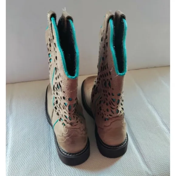 Justin Western Boots Square Toe Neutral/Teal Blue Leather L2909-Women's Sz 6.5B