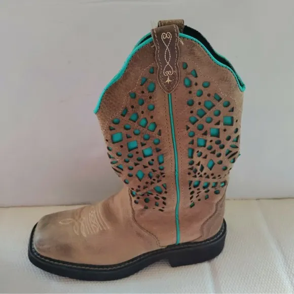 Justin Western Boots Square Toe Neutral/Teal Blue Leather L2909-Women's Sz 6.5B