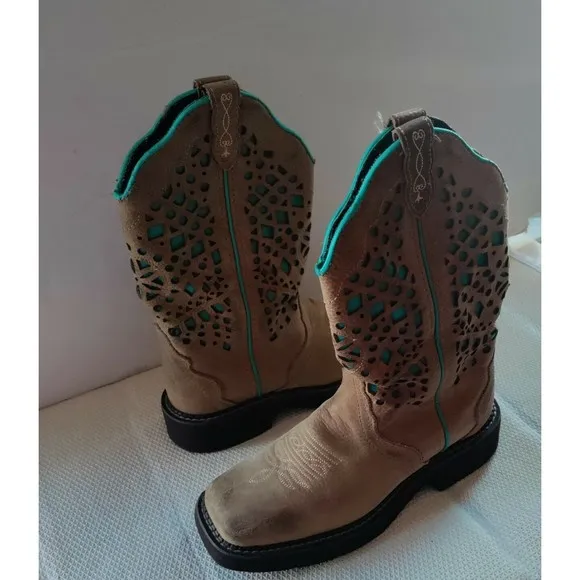 Justin Western Boots Square Toe Neutral/Teal Blue Leather L2909-Women's Sz 6.5B