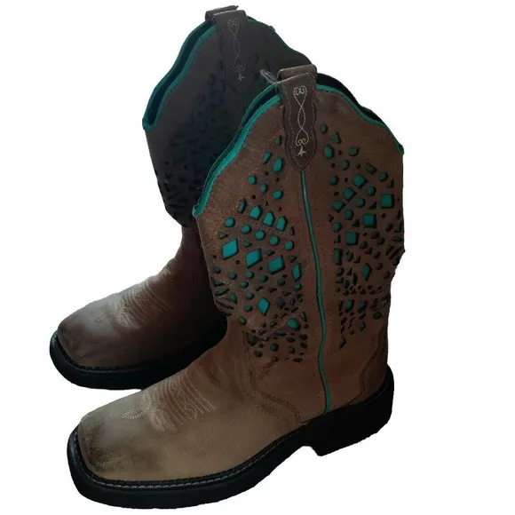 Justin Western Boots Square Toe Neutral/Teal Blue Leather L2909-Women's Sz 6.5B