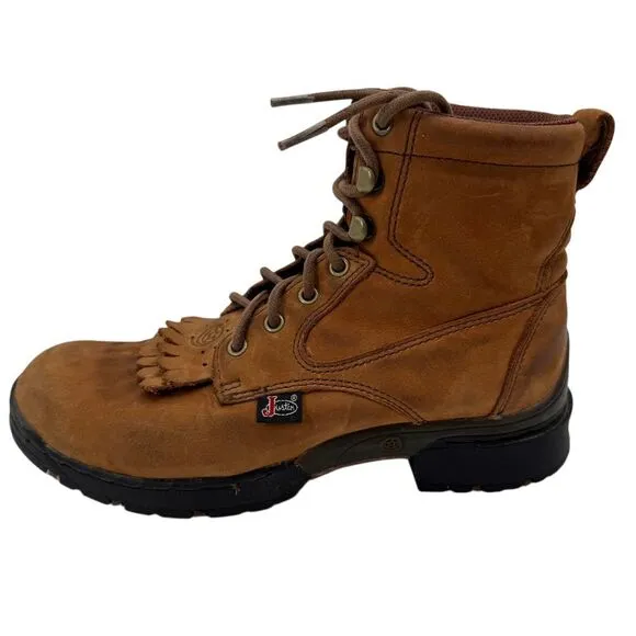 Justin Women's Brown Leather Lace-up‎ Work Boots with Kiltie Fringe Size 6.5