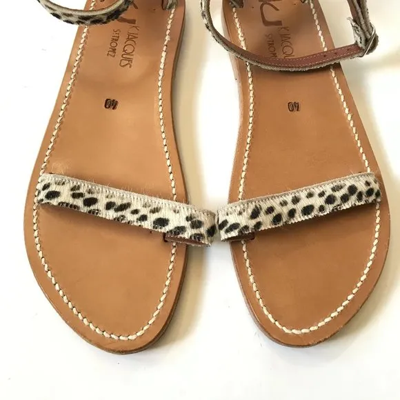 K Jacques Laura Horsy Snow Leopard Sandals Womens 40 10 Tan Brown Leather Buckle
