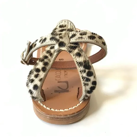 K Jacques Laura Horsy Snow Leopard Sandals Womens 40 10 Tan Brown Leather Buckle