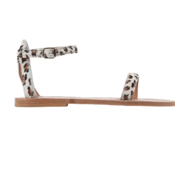 K Jacques Laura Horsy Snow Leopard Sandals Womens 40 10 Tan Brown Leather Buckle