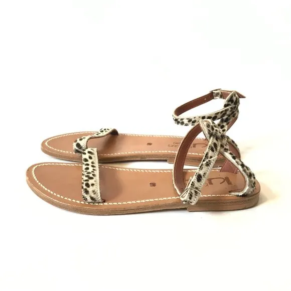K Jacques Laura Horsy Snow Leopard Sandals Womens 40 10 Tan Brown Leather Buckle