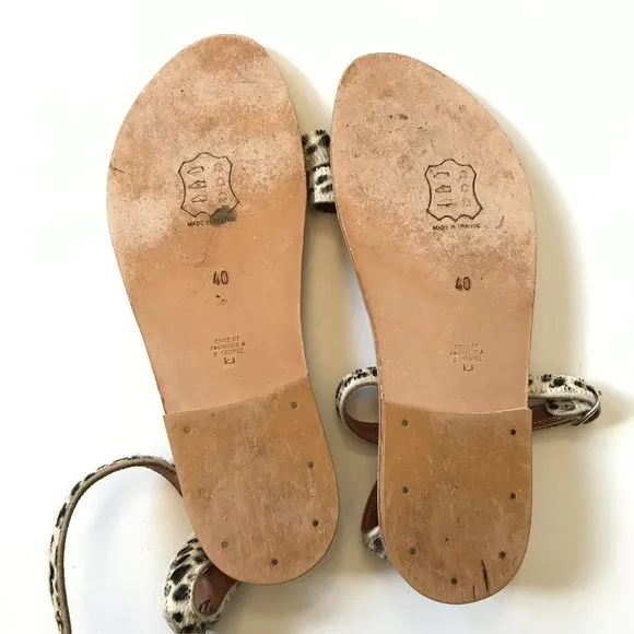K Jacques Laura Horsy Snow Leopard Sandals Womens 40 10 Tan Brown Leather Buckle