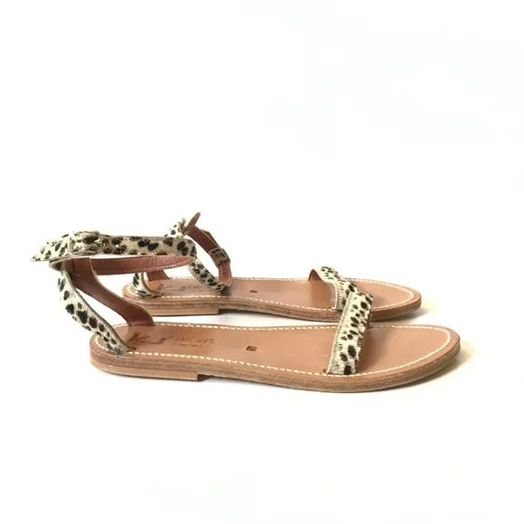 K Jacques Laura Horsy Snow Leopard Sandals Womens 40 10 Tan Brown Leather Buckle