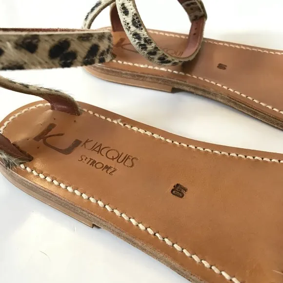 K Jacques Laura Horsy Snow Leopard Sandals Womens 40 10 Tan Brown Leather Buckle