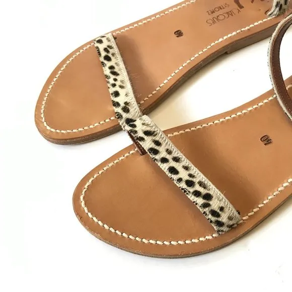 K Jacques Laura Horsy Snow Leopard Sandals Womens 40 10 Tan Brown Leather Buckle