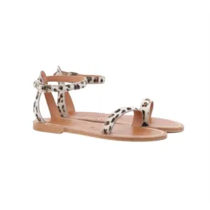 K Jacques Laura Horsy Snow Leopard Sandals Womens 40 10 Tan Brown Leather Buckle