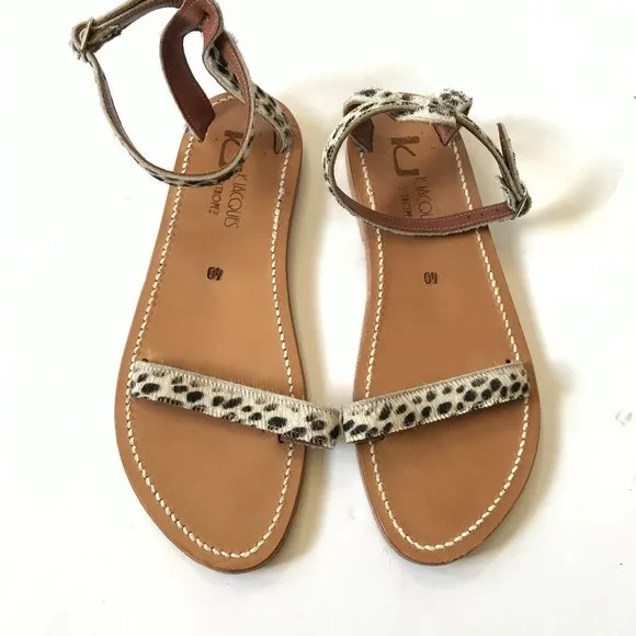K Jacques Laura Horsy Snow Leopard Sandals Womens 40 10 Tan Brown Leather Buckle