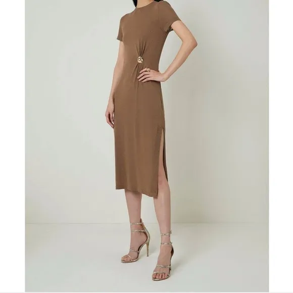 Karen Millen Trimmed Summer Knit Column Dress in Light Khaki