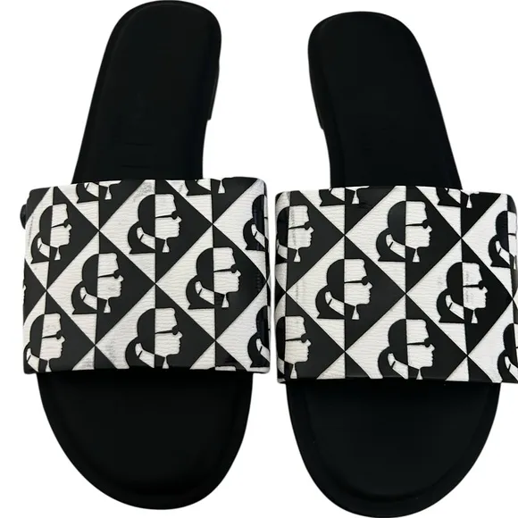 Karl Lagerfeld Black and White Geometric Slide Sandals
