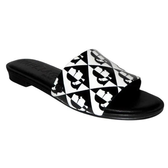 Karl Lagerfeld Black and White Geometric Slide Sandals