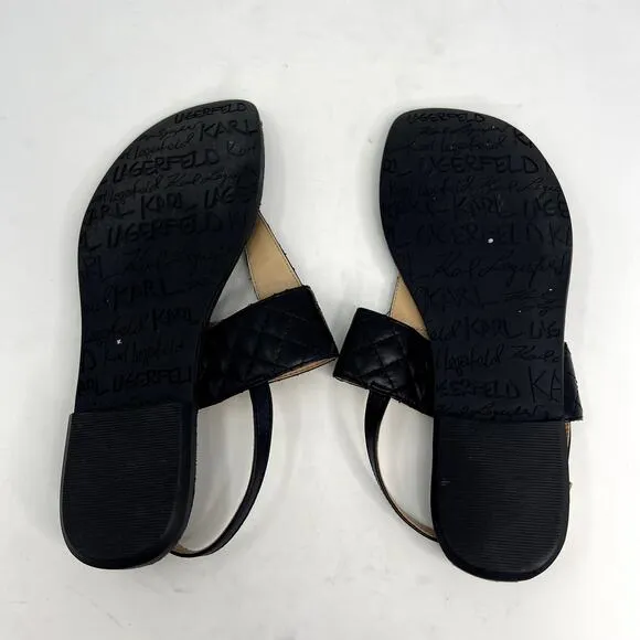 Karl Lagerfeld Black Quilted Leather T-Strap Sandals