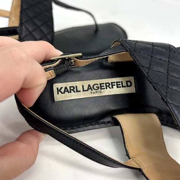 Karl Lagerfeld Black Quilted Leather T-Strap Sandals