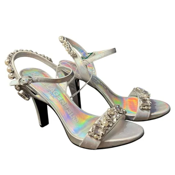 Karl Lagerfeld CLAUDE Silver Crystal Embellished Ankle Strap Heels