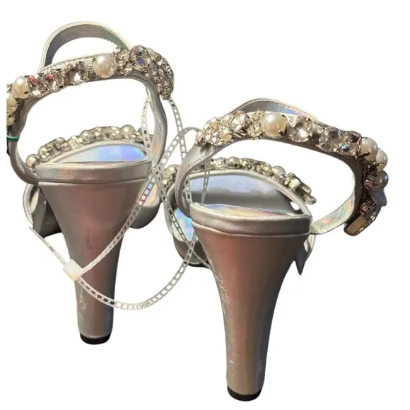 Karl Lagerfeld CLAUDE Silver Crystal Embellished Ankle Strap Heels