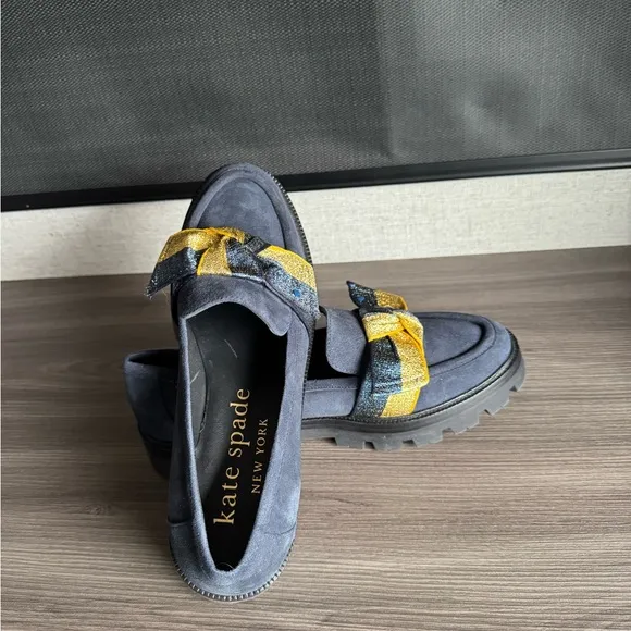 Kate Spade Navy and Yellow Bow Loafers