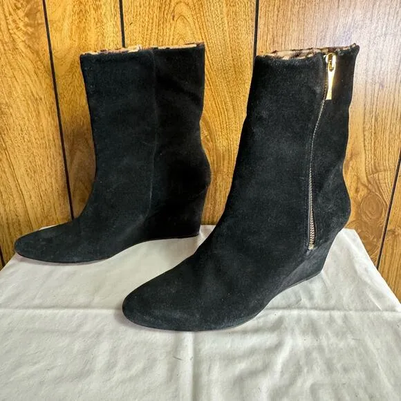 Kate Spade Wedge Suede Leather Mid Calf Winter Boots Almond Toe Black Size 9 M