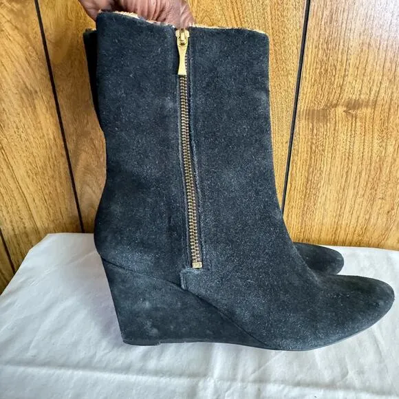 Kate Spade Wedge Suede Leather Mid Calf Winter Boots Almond Toe Black Size 9 M