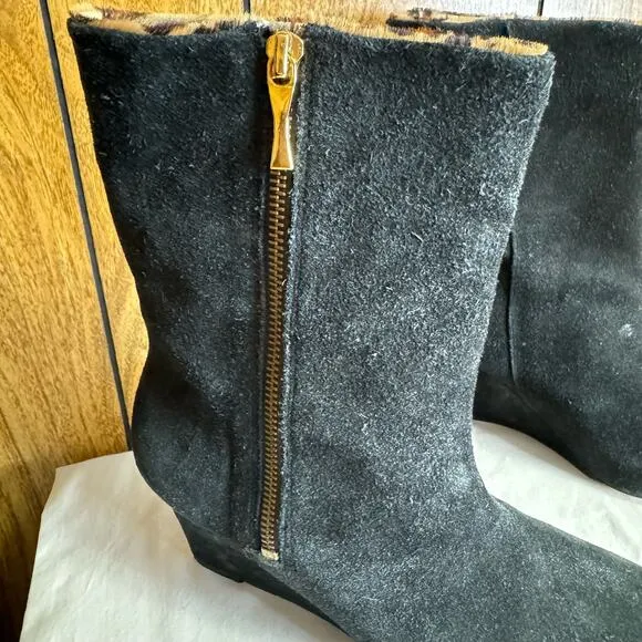Kate Spade Wedge Suede Leather Mid Calf Winter Boots Almond Toe Black Size 9 M