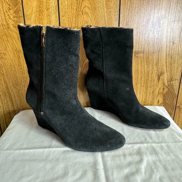 Kate Spade Wedge Suede Leather Mid Calf Winter Boots Almond Toe Black Size 9 M
