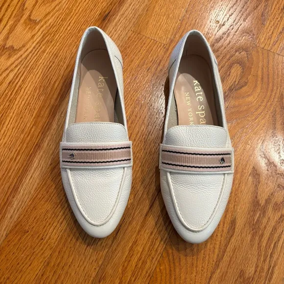 kate spade white leather loafers with pale pink strap