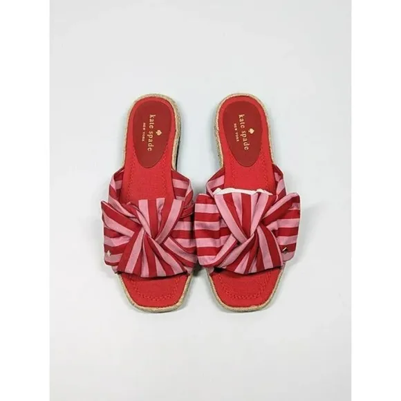 Kate Spade Women's Caliana Pink Red Striped Bow Flat Sandals Size 5.5 MSRP $138