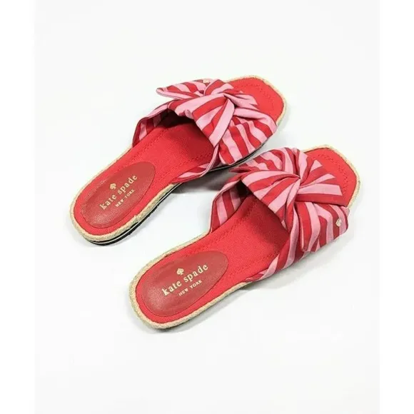 Kate Spade Women's Caliana Pink Red Striped Bow Flat Sandals Size 5.5 MSRP $138