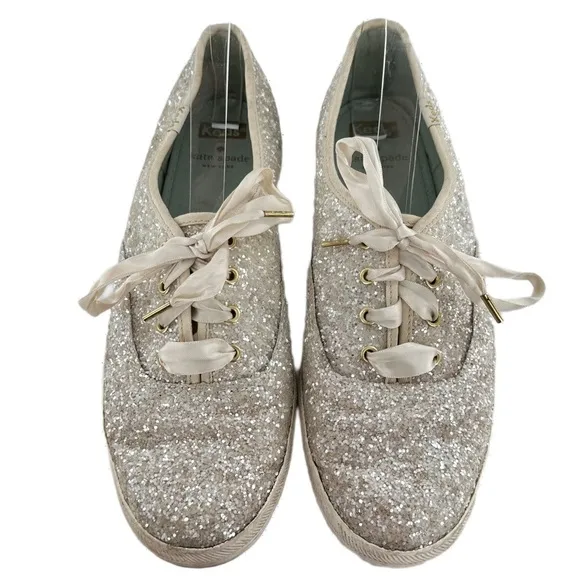 Keds Kate spade flats 9.5 40.5 silver glitter lace up fashion sneakers champion