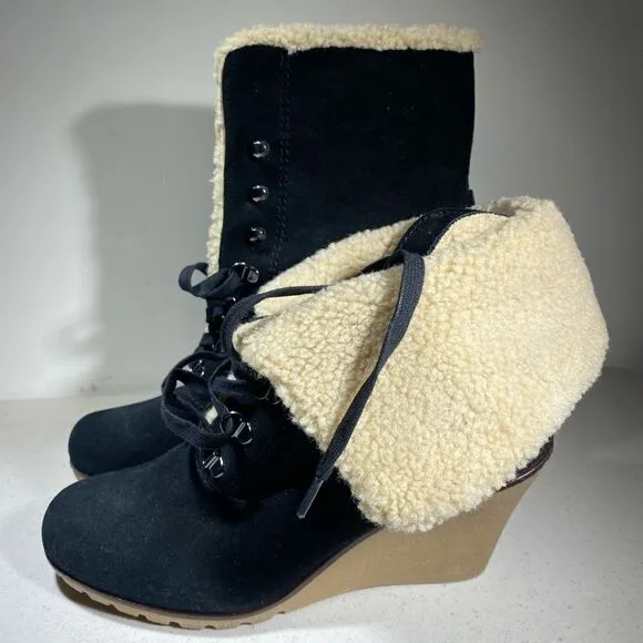 Kelsi Dagger Leather Suede Lace Up Wedge Boots Booties 10 M Black