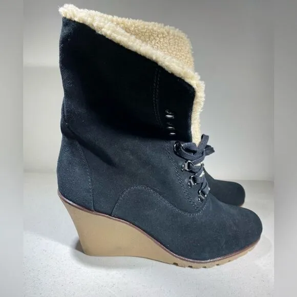 Kelsi Dagger Leather Suede Lace Up Wedge Boots Booties 10 M Black