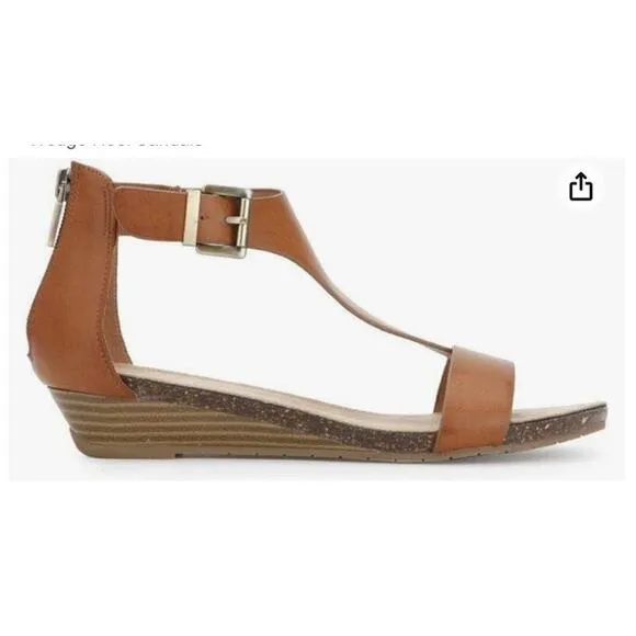 Kenneth Cole Great City Gal Toffee Cognac Vegan Leather Wedge T-Strap Sandals 8